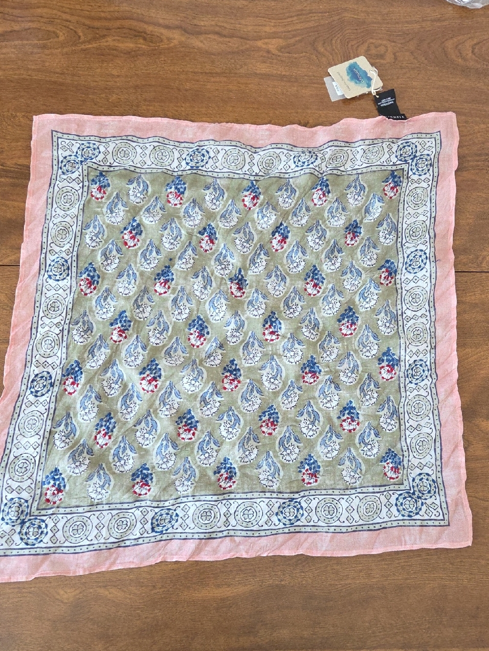 Vismaya Pink Border Floral Print Cotton Scarf w/ Blue & Red Embroidered Accents
